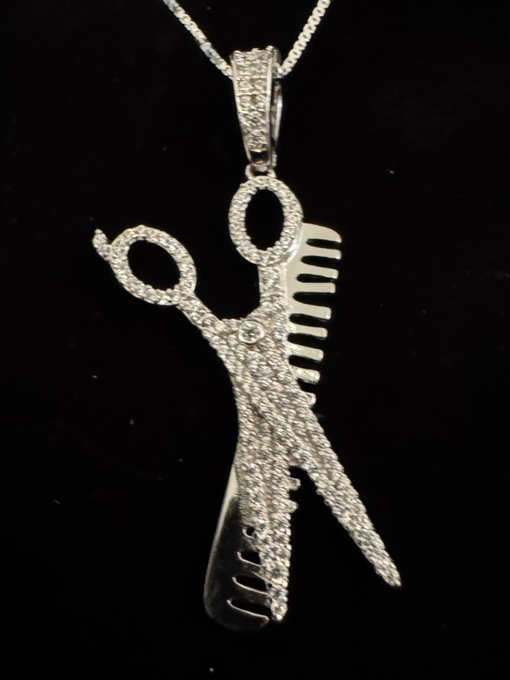 Sterling Silver Scissor & Comb Pendant Necklace -‎ Rhinestone Accent 18” chain